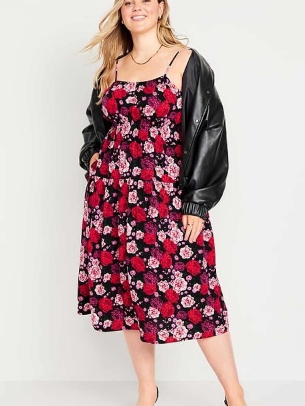Old Navy Waist -Defined Cami Midi Dress Size XL Red And Pink Dark Romance